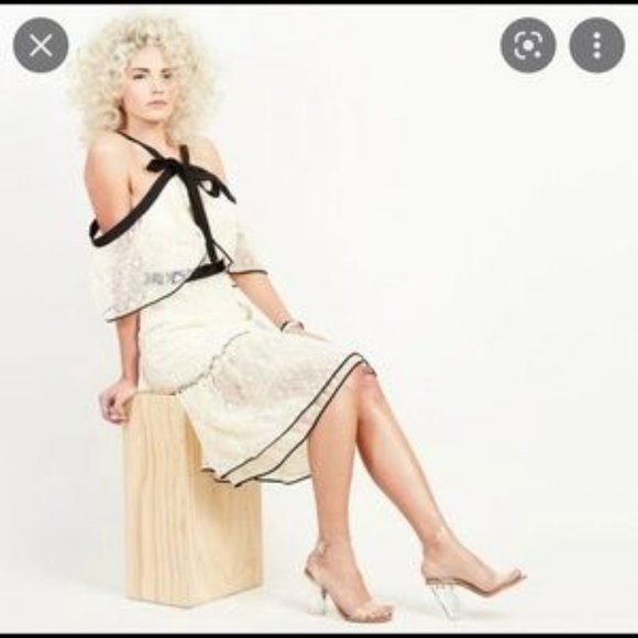 Adelyn Rae Dresses & Skirts - Adelyn Rae Cream Ivory Black Crochet Lace Halter Off The Should Dress.  SZ S